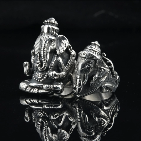 Vintage Ganesha Stainless Steel Ring For Men Retro Elephant God Lord Ganesha Signet Ring Religious Ethnic Jewelry Gift