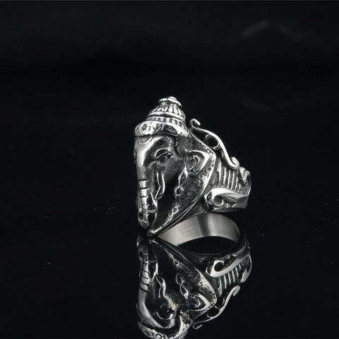 Vintage Ganesha Stainless Steel Ring For Men Retro Elephant God Lord Ganesha Signet Ring Religious Ethnic Jewelry Gift