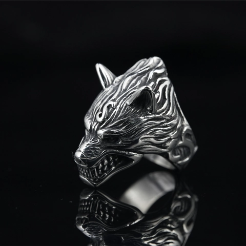 Retro Wolf Head Ring For Men Punk Hip Hop Stainless Steel Animal Carved Statement Band Ring Gothic Jewelry Gift