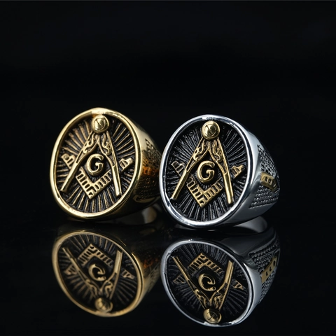 Vintage Masonic Stainless Steel Signet Ring For Men Titanium Steel Freemasonry Symbol Ring Letter G Pattern Punk Jewelry