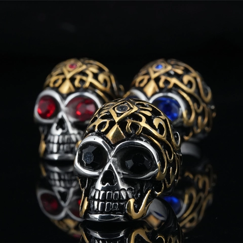 Anillo de Calavera de Acero Inoxidable Strass Gótico Punk Retro Hombre Hip Hop Joyería Oro Plata Halloween Anillo Individual
