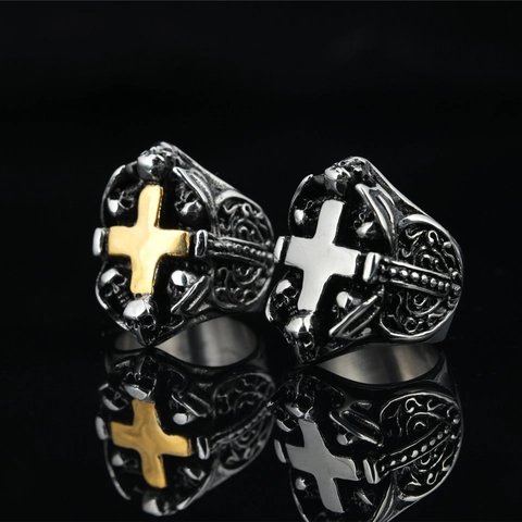Anillo de Calavera de Cruz Gótica Vintage de Acero Inoxidable Oro Plata Punk Biker Band Ring Para Hombres Mujeres Joyería Hip Hop