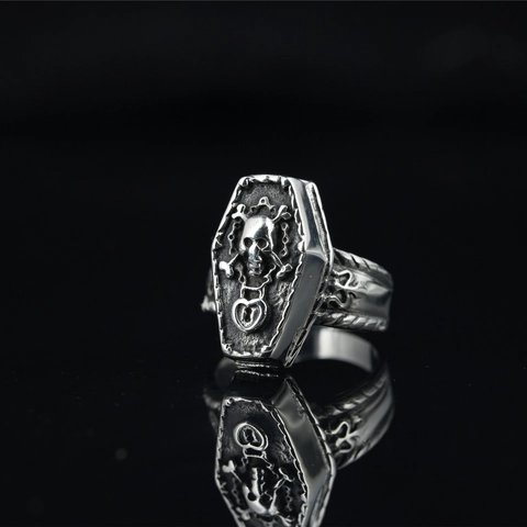 Vintage Gothic Stainless Steel Skull Coffin Ring For Men Women Punk Retro Skeleton Finger Ring Halloween Jewelry Gift