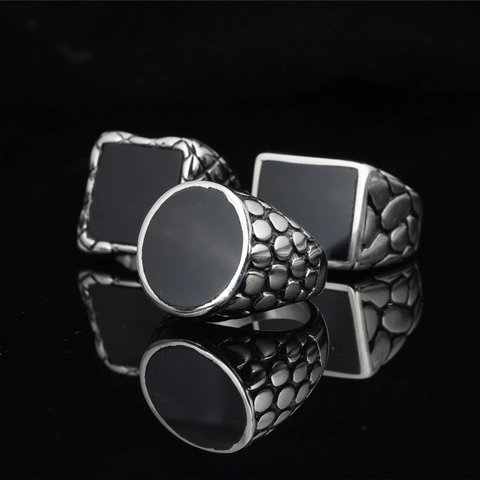 Anello Sigillo in Acciaio Inossidabile al Titanio Vintage per Uomo Nero Geometrico Stile Ossidiana Tondo Quadrato Rettangolo Retrò