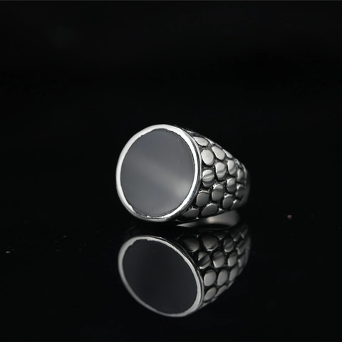 Anello Sigillo in Acciaio Inossidabile al Titanio Vintage per Uomo Nero Geometrico Stile Ossidiana Tondo Quadrato Rettangolo Retrò