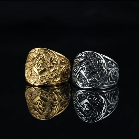Vintage Freimaurer Titanstahl Ring Für Herren Retro Hip Hop Punk Stil Geprägter Kompass G Symbol Gold Silber Ringe Herren Schmuck