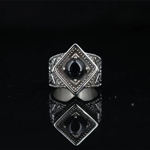 Vintage Industrial Men Ring Stainless Steel Black Stone Square Geometric Carved Band Punk Gothic Jewelry Everyday Accessory