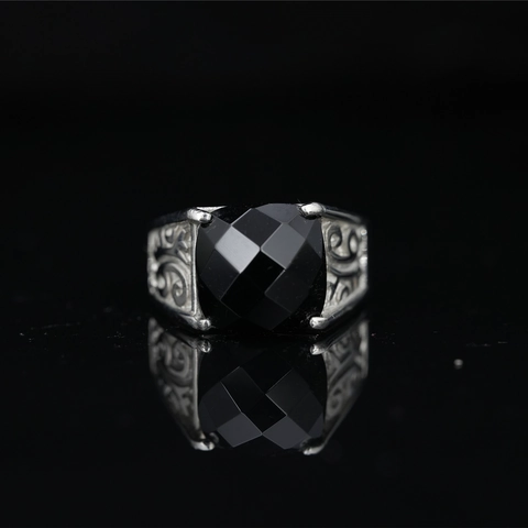 Vintage Men Stainless Steel Ring Black Square Gemstone Baroque Carved Band Domineering Punk Jewelry Gothic Style