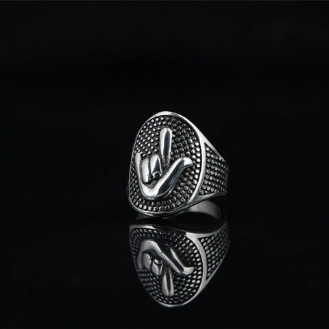 Vintage Punk Titanium Steel I Love You Hand Gesture Ring For Men Hip Hop Embossed Texture Stainless Steel Retro Jewelry