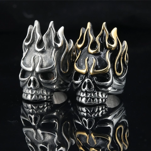 Anello Punk Vintage Teschio di Fiamma in Acciaio Inossidabile per Uomo Design Corona Gotica Anelli Hip Hop Biker Gioielli Regalo