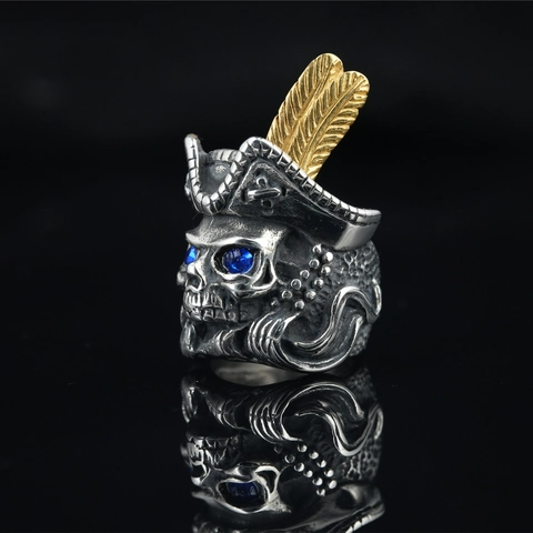 Vintage Pirate Skull Ring For Men Stainless Steel With Gold Feather And Blue Crystal Eyes Punk Gothic Biker Jewelry
