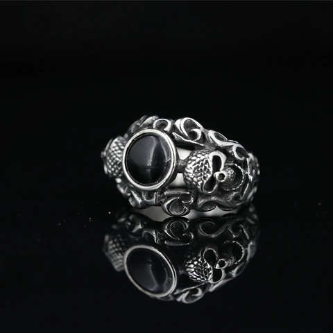 Vintage Gothic Skull Titanium Steel Ring For Men Women Black Agate Tiger Eye Stone Carved Punk Rock Finger Ring Jewelry
