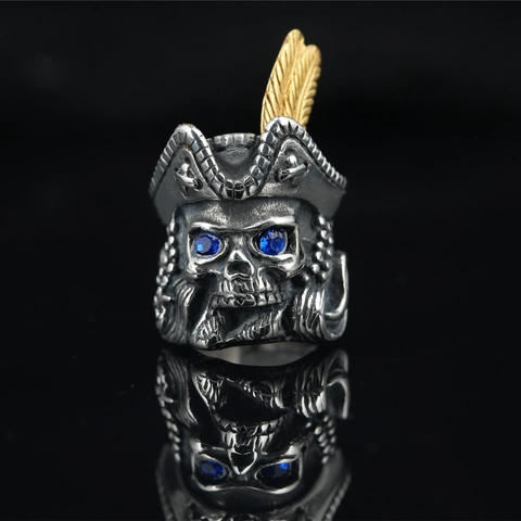 Vintage Pirate Skull Ring For Men Stainless Steel With Gold Feather And Blue Crystal Eyes Punk Gothic Biker Jewelry