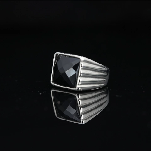 Vintage Men Hip Hop Titanium Steel Signet Ring Large Square Black Stone Geometric Stripe Inlaid Industrial Fashion Ring