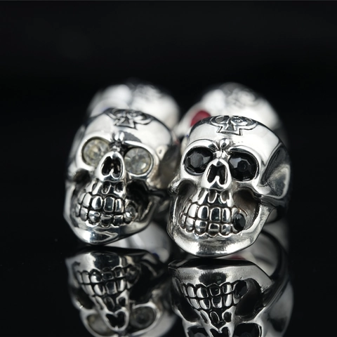 Vintage Titanium Steel Skull Ring For Men Gothic Punk Rock Rhinestone Inlaid Biker Finger Ring Cross Spade Number 13 Jewelry