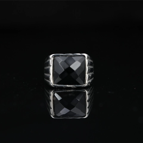 Vintage Men Hip Hop Titanium Steel Signet Ring Large Square Black Stone Geometric Stripe Inlaid Industrial Fashion Ring