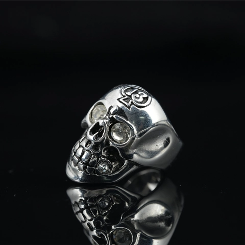 Vintage Titanium Steel Skull Ring For Men Gothic Punk Rock Rhinestone Inlaid Biker Finger Ring Cross Spade Number 13 Jewelry