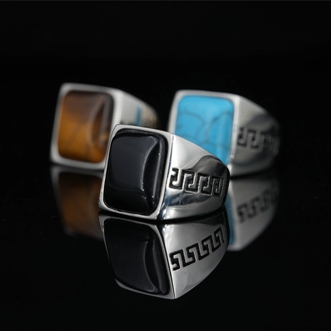 Vintage Titanium Steel Ring For Men Square Black Onyx Tiger Eye Turquoise Inlaid Retro Greek Key Pattern Hip Hop Jewelry
