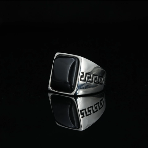 Vintage Titanium Steel Ring For Men Square Black Onyx Tiger Eye Turquoise Inlaid Retro Greek Key Pattern Hip Hop Jewelry