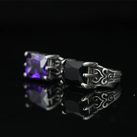 Vintage Stainless Steel Square Rhinestone Ring For Men Women Punk Gothic Carved Purple Black Stone Fashion Band Ring Jewelry