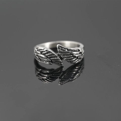 Vintage Titanium Staal Veer Vleugels Open Ring Voor Heren Verstelbare Retro Punk Hiphop Band Sieraden Antiek Zilveren Ring