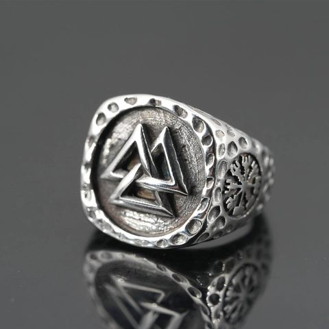 Anillo Vikingo Nórdico Valknut Vegvisir de Acero Inoxidable Vintage Martillado Punk Hip Hop Mitología Anello Sello Hombre Mujer