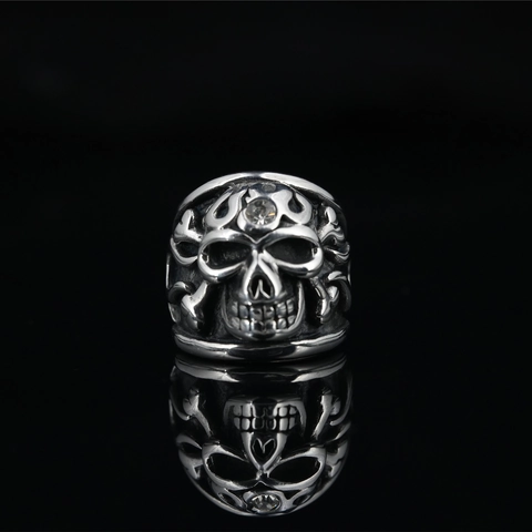 Gothic Punk Skull Ring For Men Retro Titanium Steel Skeleton Finger Ring With Rhinestone Hip Hop Biker Jewelry Gift