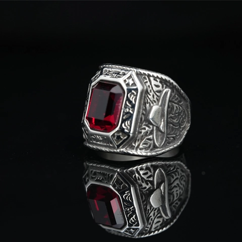 Vintage Stainless Steel Emerald Cut Rhinestone Eagle Ring Punk Relief Band For Men Retro Gothic Jewelry Birthday Gift