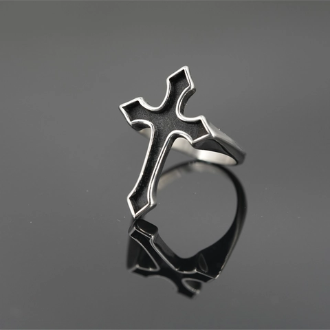 Anello a Croce in Acciaio Inossidabile Gotico per Uomo Donna Vintage Hip Hop Dark Style Argento Nero Smalto Punk Gioielli da Dito