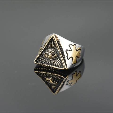 Vintage Punk Titanium Steel All Seeing Eye Ring Men Women Gold Silver Two Tone Pyramid Cross Gothic Mystical Signet Ring Jewelry