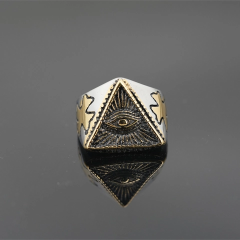 Vintage Punk Titanium Steel All Seeing Eye Ring Men Women Gold Silver Two Tone Pyramid Cross Gothic Mystical Signet Ring Jewelry