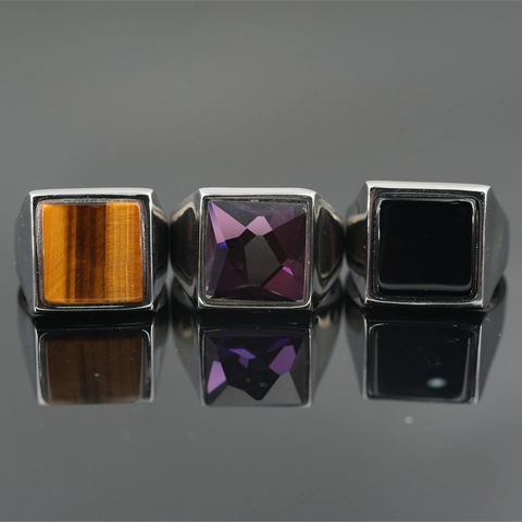 Anello da Uomo Vintage in Acciaio Inossidabile con Pietra Quadrata Punk Gothic Anello a Sigillo Croce Geometrica Gioielli Regalo