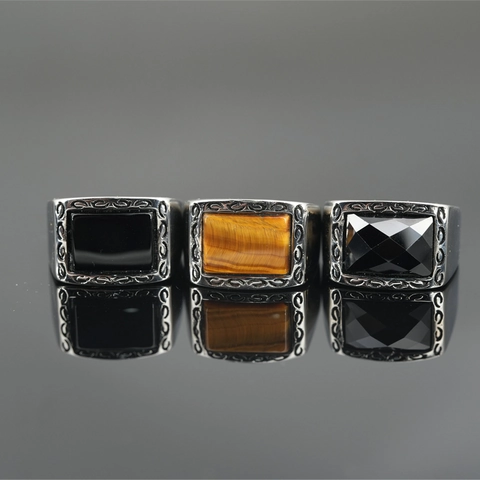 Anello Sigillo da Uomo Vintage in Acciaio Inossidabile Con Pietra Occhio di Tigre Rettangolare Strass Nero Intagliato Gioielli