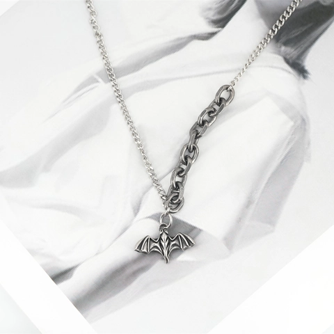 Gothic Bat Pendant Necklace Titanium Steel Asymmetrical Cuban Chain Vintage Punk Streetwear Jewelry For Men Women