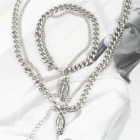 Vintage Stainless Steel Virgin Mary Pendant Necklace Bracelet Set Multi Layer Cuban Link Religious Jewelry For Men Women