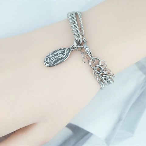 Vintage Stainless Steel Virgin Mary Pendant Necklace Bracelet Set Multi Layer Cuban Link Religious Jewelry For Men Women