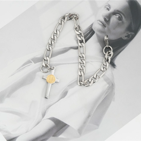 Figaro Chain Bracelet Stainless Steel Cross Pendant St Benedict Medal Silver Gold Two Tone Gothic Jewelry For Men Women