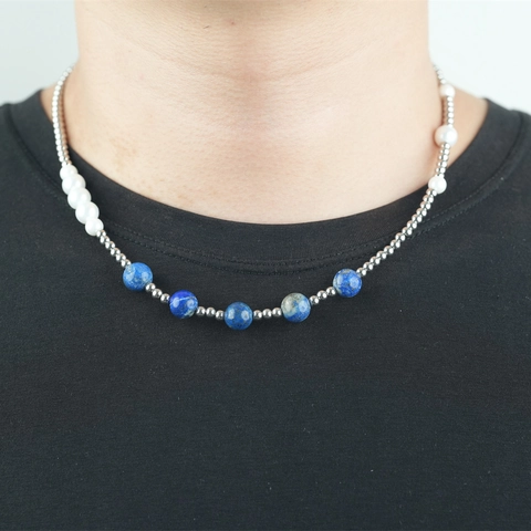 Collana di Perline in Acciaio al Titanio Minimalista Perla Artificiale Lapislazzuli Catena a Clavicola Vintage Fatto a Mano Gioielli