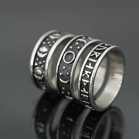 Anello in Acciaio Inossidabile Vichingo Rune Sole Luna Stella Argento Antico Retro per Uomo Donna Gioielli Punk Banda Celeste