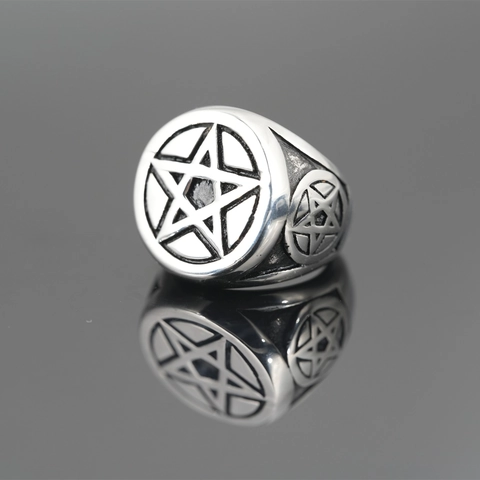 Vintage Titanium Stainless Steel Pentagram Star Ring Distressed Punk Gothic Signet Band For Men Daily Fashion Jewelry