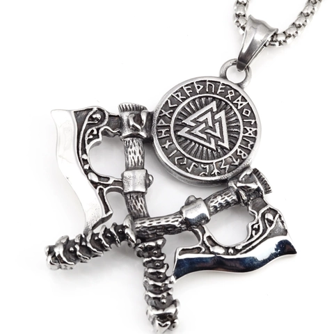 Retro Viking Necklace Stainless Steel Crossed Axes Shield Valknut Runes Pendant Nordic Mythology Jewelry For Men Women Vintage Silver