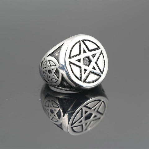 Vintage Titanium Stainless Steel Pentagram Star Ring Distressed Punk Gothic Signet Band For Men Daily Fashion Jewelry