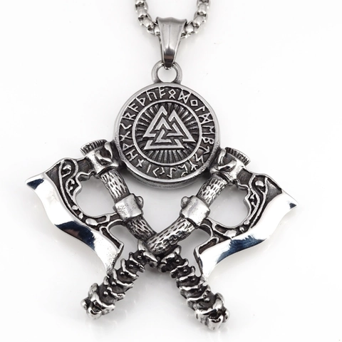 Retro Viking Necklace Stainless Steel Crossed Axes Shield Valknut Runes Pendant Nordic Mythology Jewelry For Men Women Vintage Silver