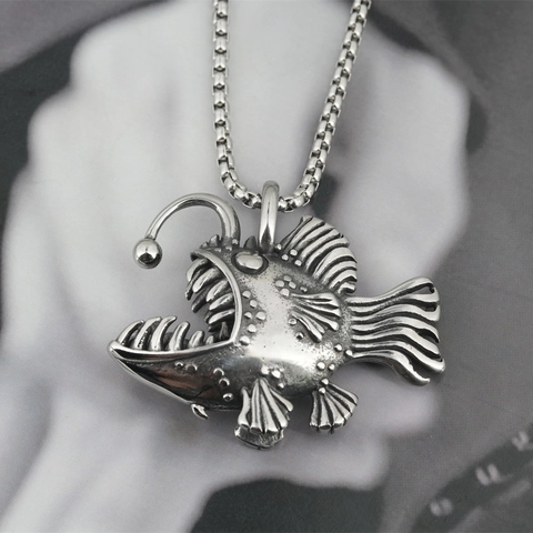 Vintage Anglerfish Pendant Necklace Titanium Steel Antique Silver Deep Sea Lantern Fish Punk Gothic Jewelry For Men Women