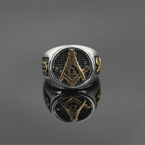 Anello con Sigillo Massonico Vintage in Acciaio al Titanio Uomo Retrò Punk Hip Hop Bicolore Bussola e Squadra G Gioiello