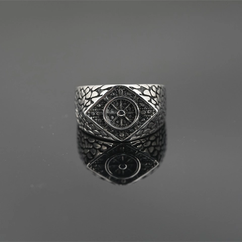 Vintage Punk Titanium Steel Ship Helm Seal Ring For Men Nautical Style Scale Texture Geometric Rhombic Oxidized Signet Ring