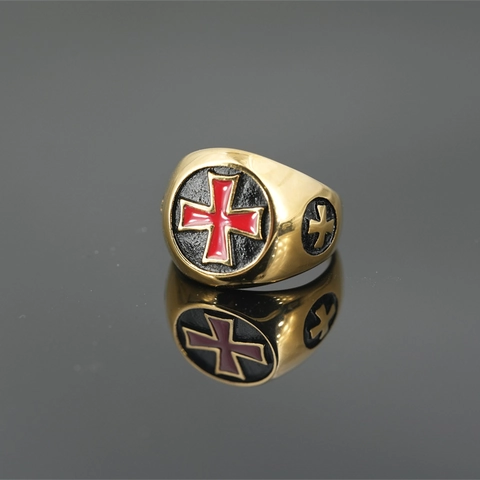 Anello Sigillo Uomo in Acciaio al Titanio Vintage Punk Placcato Oro Croce Rossa Cavaliere Templare Religioso Gioielli Regalo
