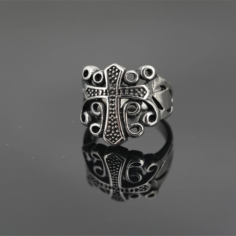 Vintage Gothic Cross Titanium Steel Ring For Men Women Antique Silver Distressed Hollow Scrollwork Punk Religious Jewelry Finger Ring