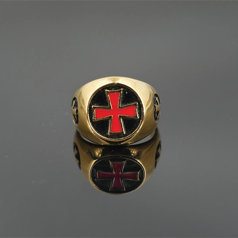 Anello Sigillo Uomo in Acciaio al Titanio Vintage Punk Placcato Oro Croce Rossa Cavaliere Templare Religioso Gioielli Regalo