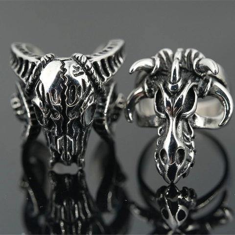 Gothic Titanium Steel Dragon Ram Skull Ring Vintage Punk Distressed Animal Statement Biker Ring For Men Rock Jewelry